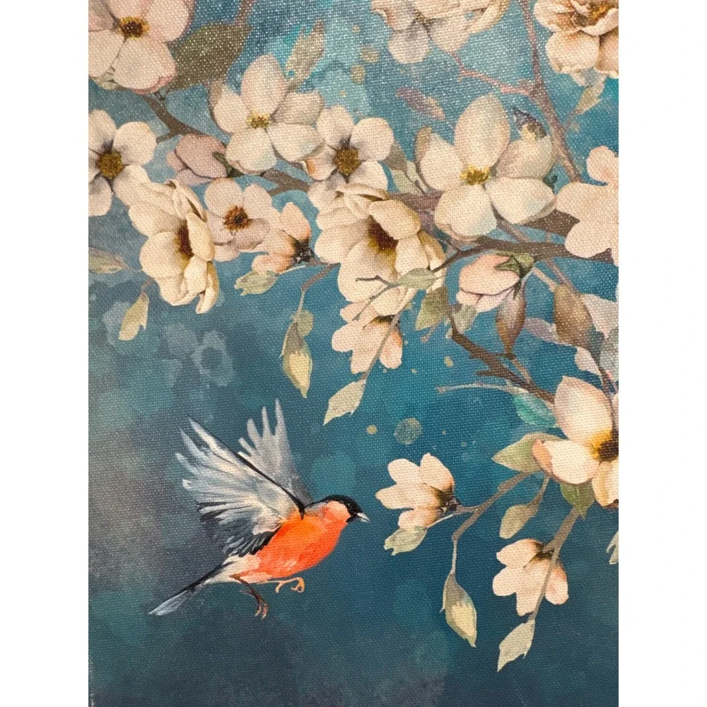 Wijotavic Bird and Blossom Canvas Wall Art Teal Blue Floral Decor 13x13